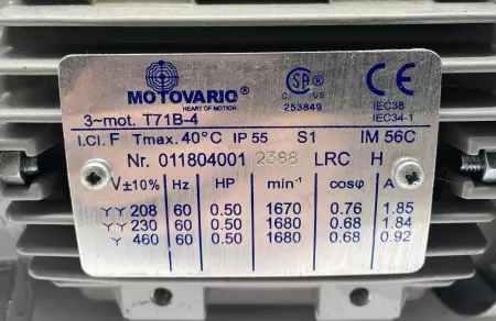 Motovario T71-B4 3-Phase Motor 0.5 HP Frame 56C 