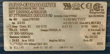 Sew-Eurodrive S67 DRN90L4/BE2HR Gearmotor & Speed Reducer, 2HP Ratio 29.63:1 