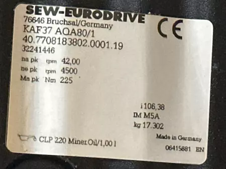 Sew-Eurodrive KAF37 AQA80/1 Right Angle Gear Box, Ratio 106.38:1 