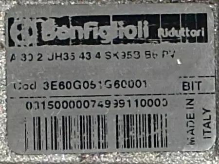 Bonfiglioli 3E60G051G60001 Right Angle Speed Reducer, Ratio 43.4:1 