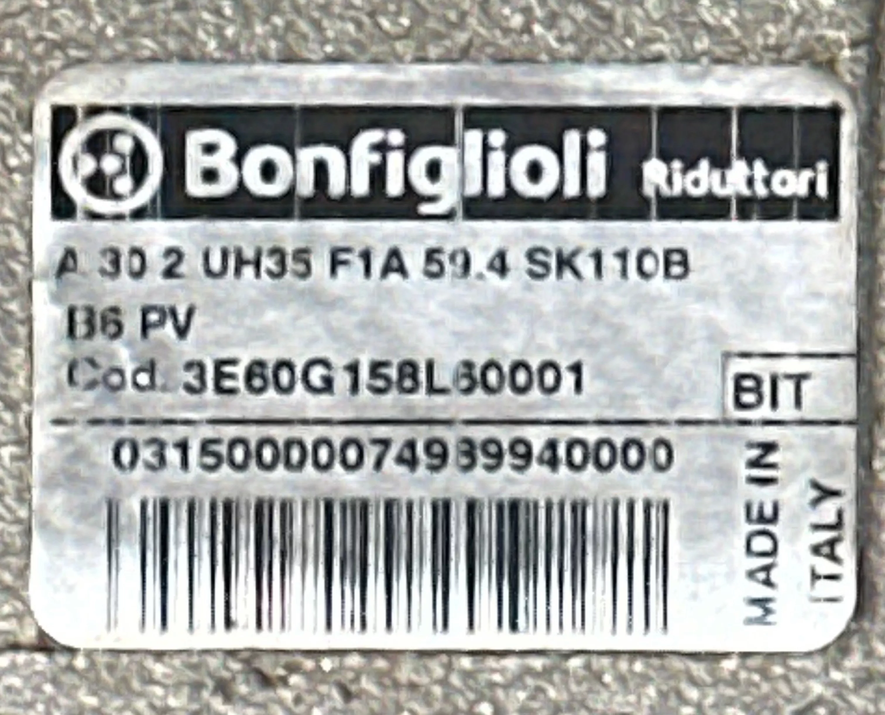 Bonfiglioli 3E60G158L60001 Right Angle Speed Reducer, Ratio 59.4:1 