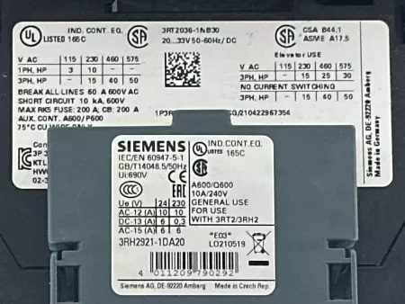 Siemens 3RT2036-1NB30 SIRIUS Contactor, 600VAC 60A W/Auxiliary Contact 