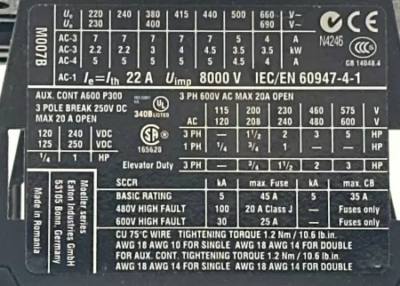 Eaton DIL M7-01 Contactor, 600VAC/250VDC 20A 
