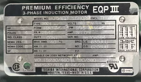 Toshiba B0154ELF2USH025 AC Induction Motor, 15HP Frame 254T 