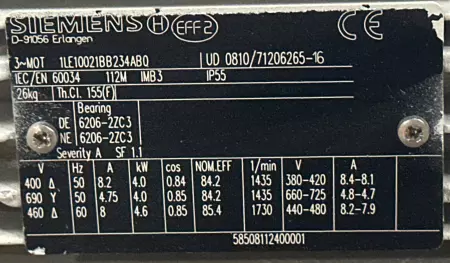 Siemens 1LE10021BB234ABQ AC Induction Motor, 6.16HP Frame 112M 