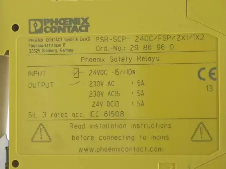 Phoenix Contact PSR-SCP-24DC/FSP Safety Relay, In 24VDC Out 250VAC 24VDC 5A 