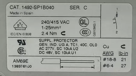 Allen-Bradley 1492-SP1B040 SER.C 1-Pole Circuit Breaker 240-415VAC 4Amp 