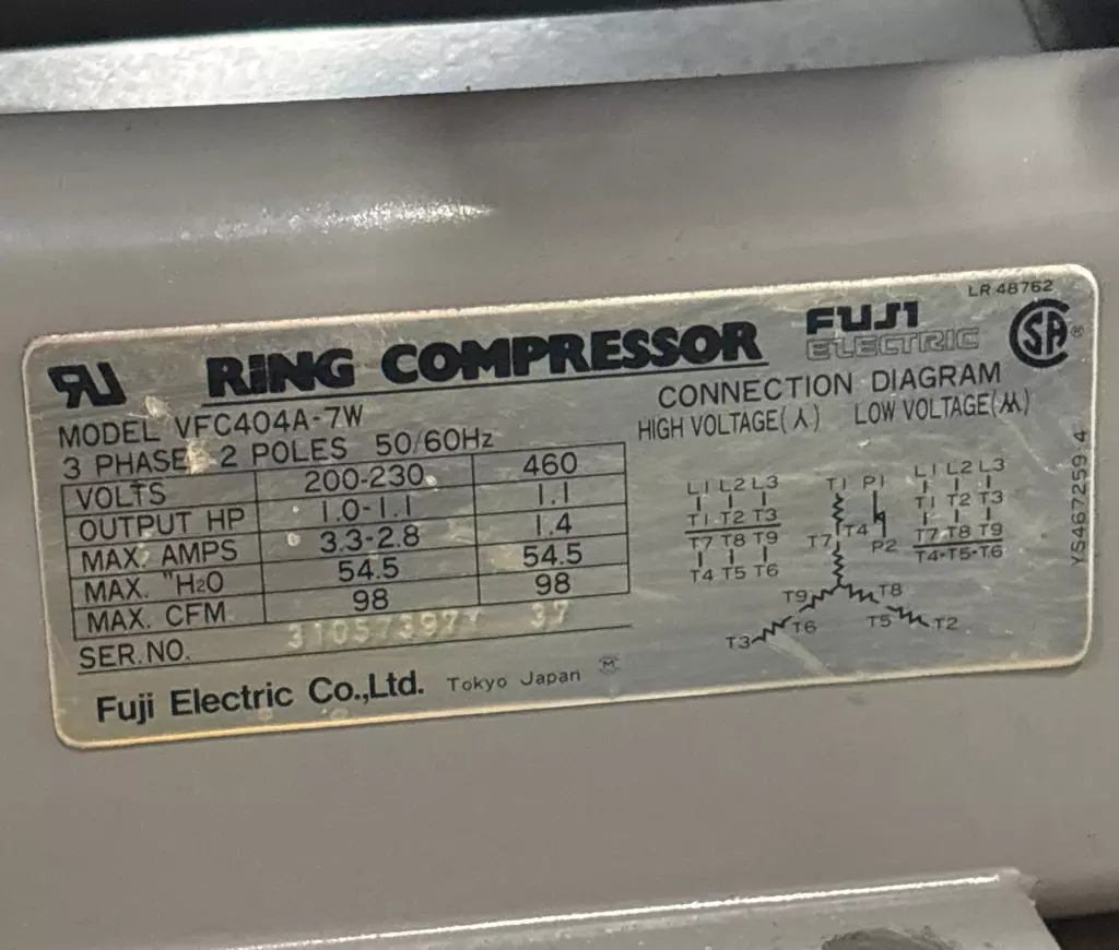 Fuji Electric VFC404A-7W Ring Compressor Blow Pump, 1.1HP 