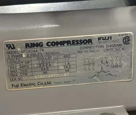 Fuji Electric VFC404A-7W Ring Compressor Blow Pump, 1.1HP 