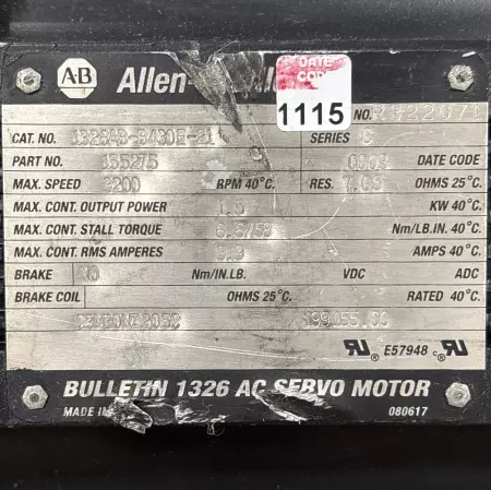 Allen-Bradley 1326AB-B430E-21 SER.C AC Servo Motor, 1.5kW/2HP 108mm Frame 
