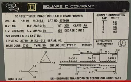 Square D 45T96H Sorgel® 3-Phase Transformer 45kVA 