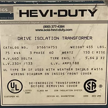 General Signal DT661H75S Hevi-Duty 3-Phase Transformer 75kVA 