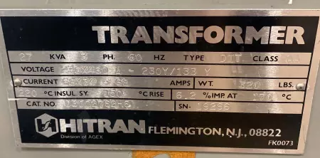 Hitran D3002762H6 General Purpose Transformer, 3-Phase, 27kVA 
