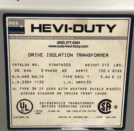 General Signal DT661H20S Hevi-Duty 3-Phase General Purpose Transformer 20KVA 