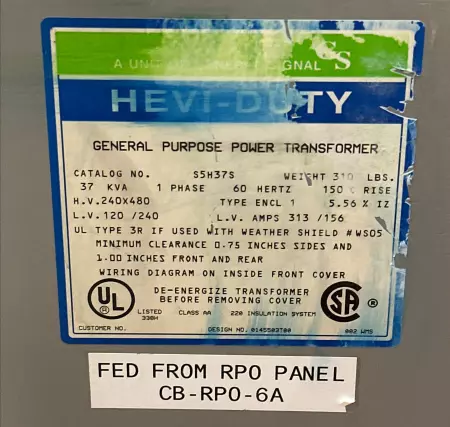 General Signal S5H37S Hevi-Duty Single-Phase General Purpose Transformer 37kVA 