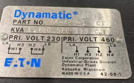 Eaton 64-429-1 Dynamatic® Transformer 1.78kVA 