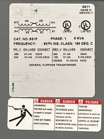 Square D 5S1F 1-Phase Transformer, 5kVA 