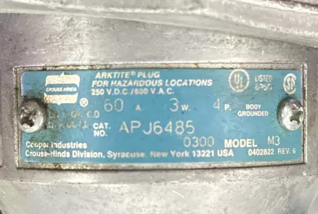 Crouse-Hinds APJ6485 15FT Arktite® Interlock Plug and 4-Wire Cable Assy, 15Ft 