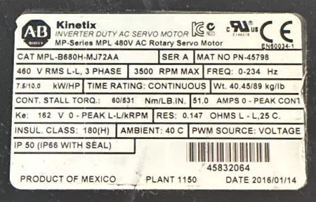 Allen-Bradley MPL-B680H-MJ72AA SER.A AC Servo Motor, 10HP 460V 3500 RPM 