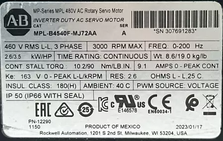 Allen-Bradley MPL-B4540F-MJ72AA SER.A AC Servo Motor 3.5HP 