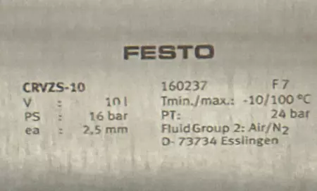 Festo 160237 Air Reservoir 10Lt 16Bar, CRVZS-10 