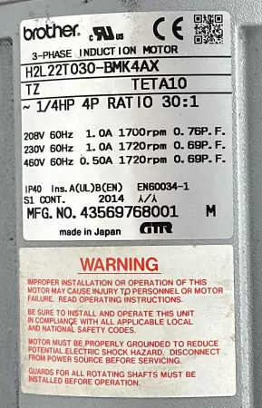 Brother H2L 22T030-BMK4AX 3-Phase Induction Motor  1/4HP 4P Ratio 30:1 