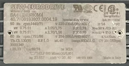 Sew-Eurodrive SA47 DRN80M4 Gearmotor 0.75kW W/Gearbox 20.33:1 Ratio 