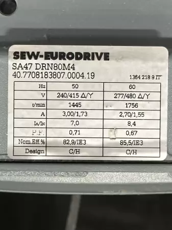 Sew-Eurodrive SA47 DRN80M4 Gearmotor 0.75kW W/Gearbox 20.33:1 Ratio 