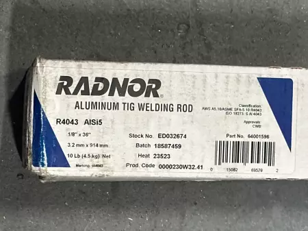 Radnor R4043 AISI5 Aluminum Tig Welding Rods, 4.5Kg, 1/8