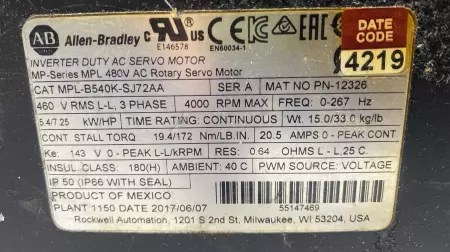 Allen-Bradley MPL-B540K-SJ72AA SER.A AC Servo Motor, 7.25HP 