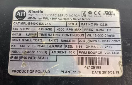 Allen-Bradley MPL-B540K-SJ72AA AC Servo Motor, 7.25HP 