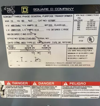 Square D 15T68F General Purpose Transformer, 3-Phase, 15kVA 