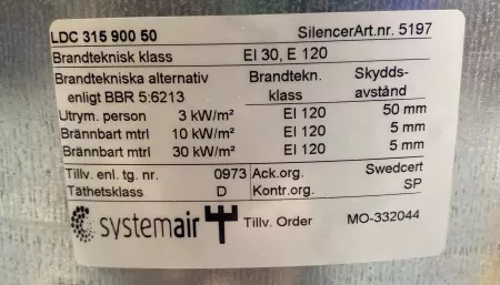 SystemAir LDC 31590050 Circular Duct Silencer, 315X900 PN 5197 