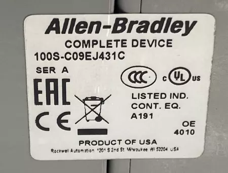 Allen-Bradley 100S-C09EJ431C SER.A Safety Contactor, 600V 9A 24VDC Coil 