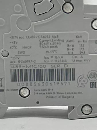 Allen-Bradley 1489-M1C100 SER.D 1-Pole Circuit Breaker, 277VAC 48VDC 10Amp 