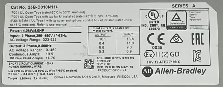 Allen-Bradley 25B-D010N114 SER.A PowerFlex 525 AC Drive, 4kW 