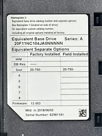 Allen-Bradley 20F11NC104JA0NNNN SER.A PowerFlex®753 AC Drive, 75HP 