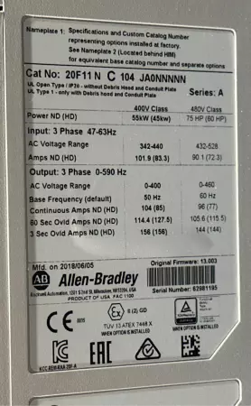 Allen-Bradley 20F11N C 104 JA0NNNNN SER.A PowerFlex®753 AC Drive, 75HP 