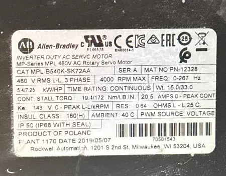 Allen-Bradley MPL-B540K-SK72AA SER.A AC Servo Motor, 7.25HP 