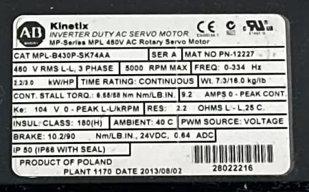 Allen-Bradley MPL-B430P-SK74AA SER.A AC Servo Motor, 3HP 