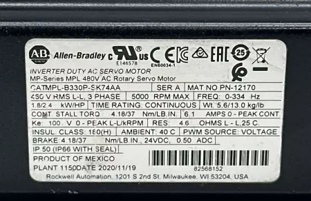 Allen-Bradley MPL-B330P-SK74AA SER.A AC Servo Motor, 2.4HP 