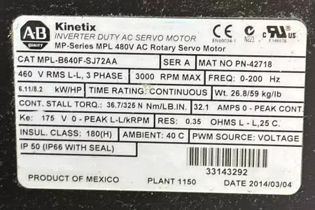 Allen-Bradley MPL-B640F-SJ72AA SER.A AC Servo Motor, 8.2HP 