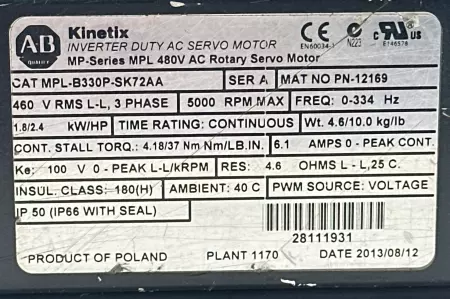 Allen-Bradley MPL-B330P-SK72AA SER.A AC Servo Motor 2.4HP 