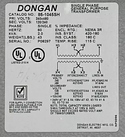 Dongan 85-1045SH Single-phase General Purpose Transformer, 2.0kVA 