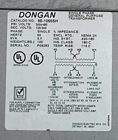 Dongan 85-1055SH Single-phase General Purpose Transformer, 5kVA 
