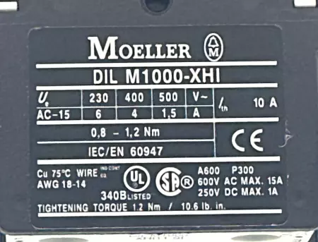 Moeller DIL M65 Contactor 400V 65A W/DIL M1000-XHI Auxiliary Contact 