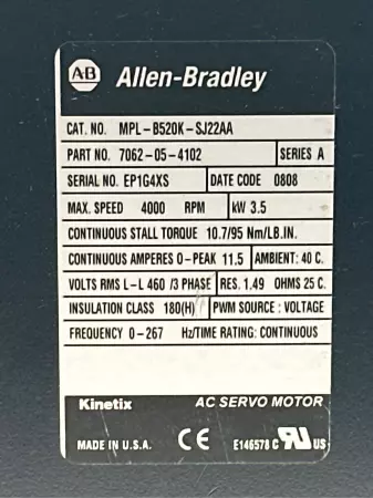 Allen-Bradley MPL-B520K-SJ22AA SER.A AC Servo Motor, 3.5kW 