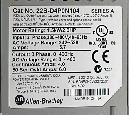 Allen-Bradley 22B-D4P0N104 SER.A PowerFlex 40 AC Drive, 2.0HP 