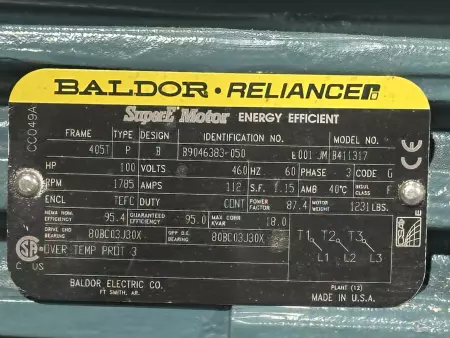 Baldor Reliance B9046383-050 SuperE® AC Motor, 100HP Frame 405T 