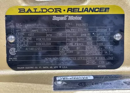 Baldor Reliance EM4400T SuperE® AC Motor, 100HP Frame 405T 
